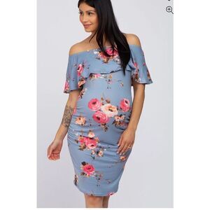 Hello MIZ Blue Floral Ruffled Fitted Maternity Off Shoulder Dress NWT Size Large